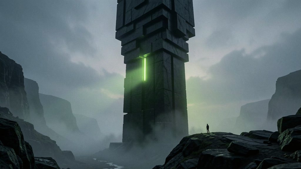 A colossal black monolith rising from fog, lit by a single slit of green light, with a lone figure on the ridge.