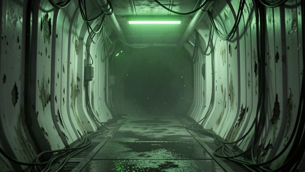 A derelict orbital station corridor lined with torn white panels and cables, lit by one flickering green strip light.